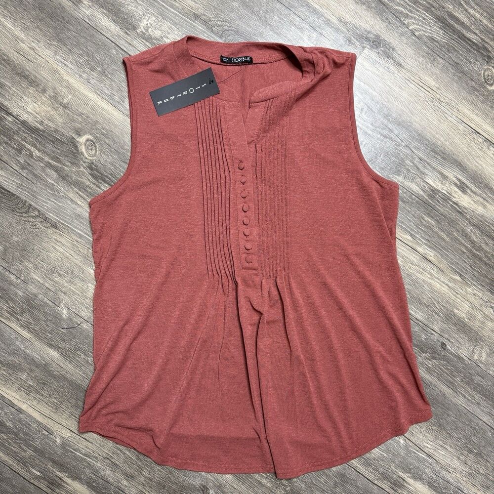 Storybuk Sleeveless Blouse Top Women L Boho‎ Pleated Button Tunic Rust